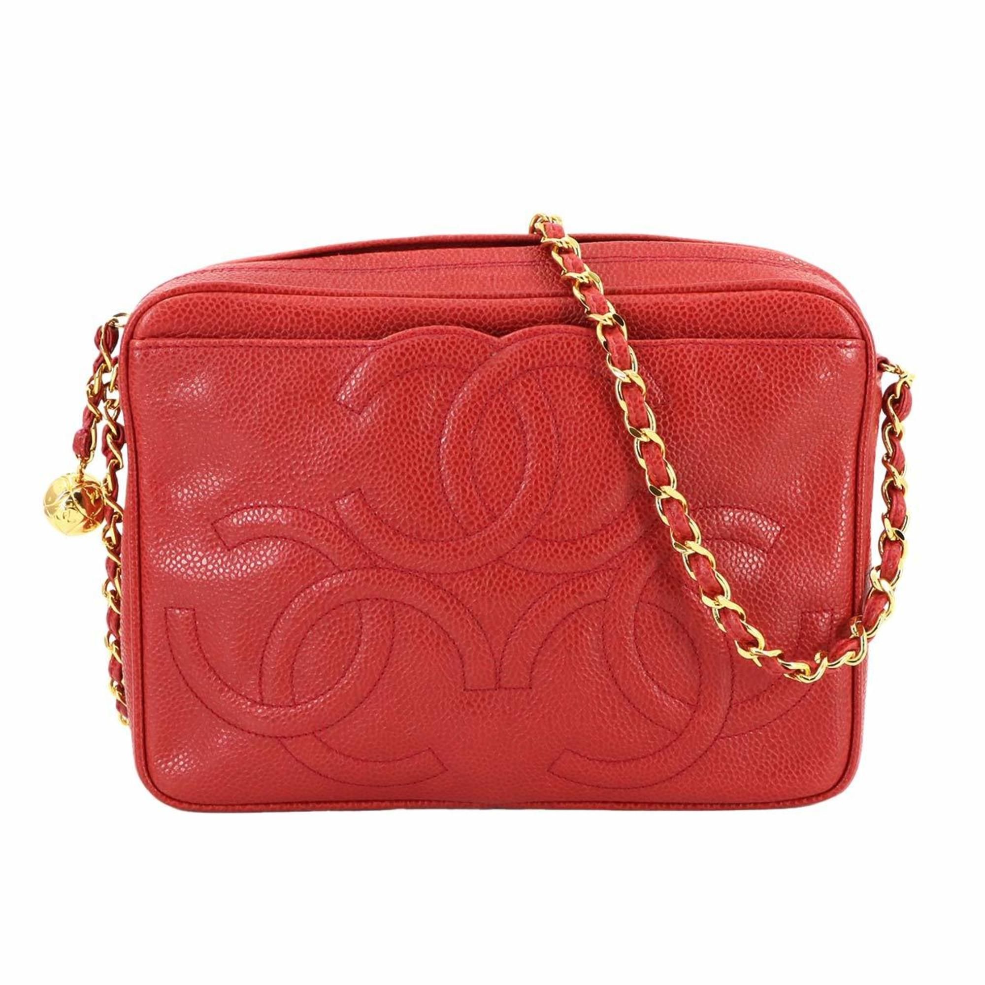 CHANEL Triple Coco Chain Shoulder Bag Caviar Skin Leather Red Gold Hardware