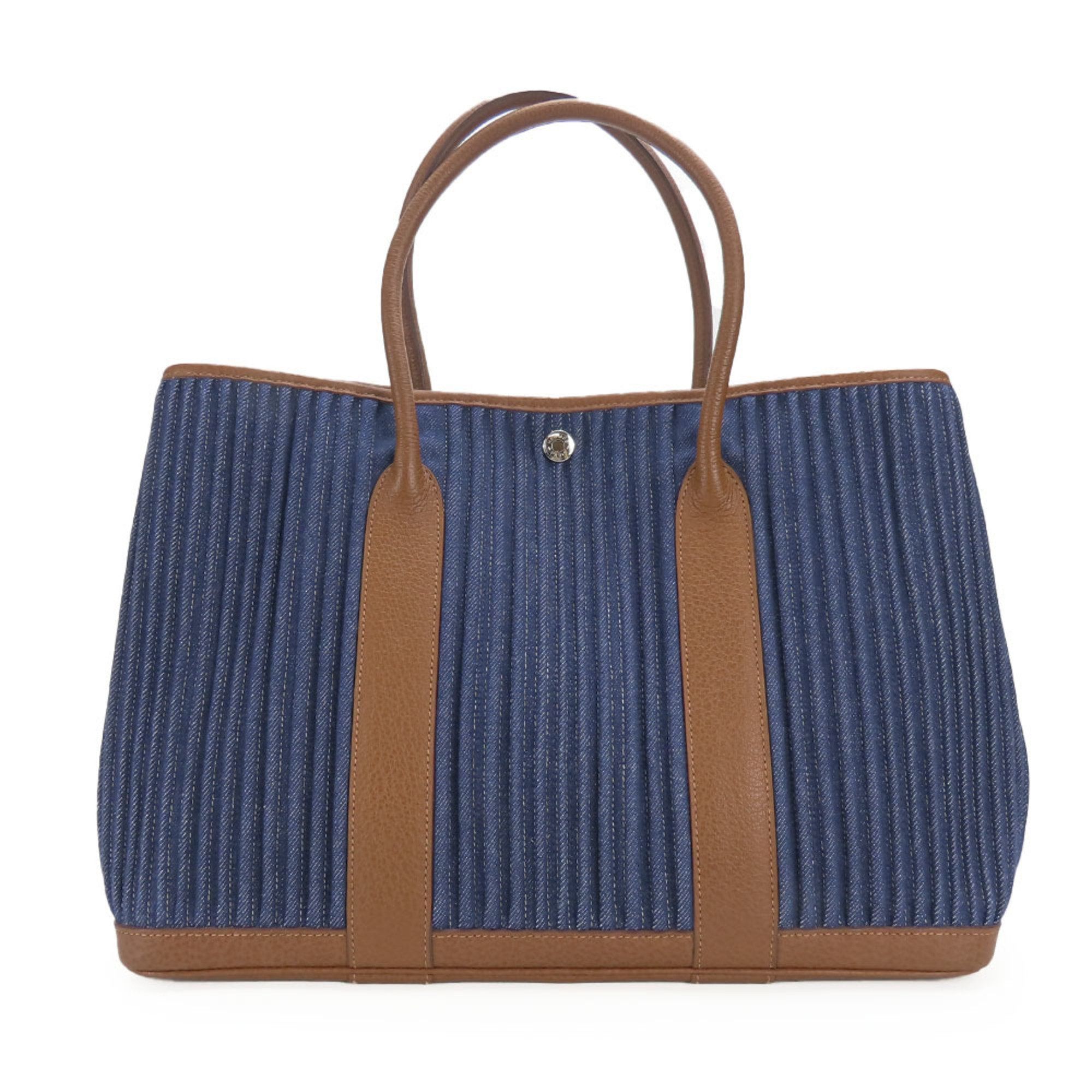 Hermes Tote Bag Garden PM Denim Leather Pal Blue Indigo Indian Brown ?L Engraved Pleats Women's Men'