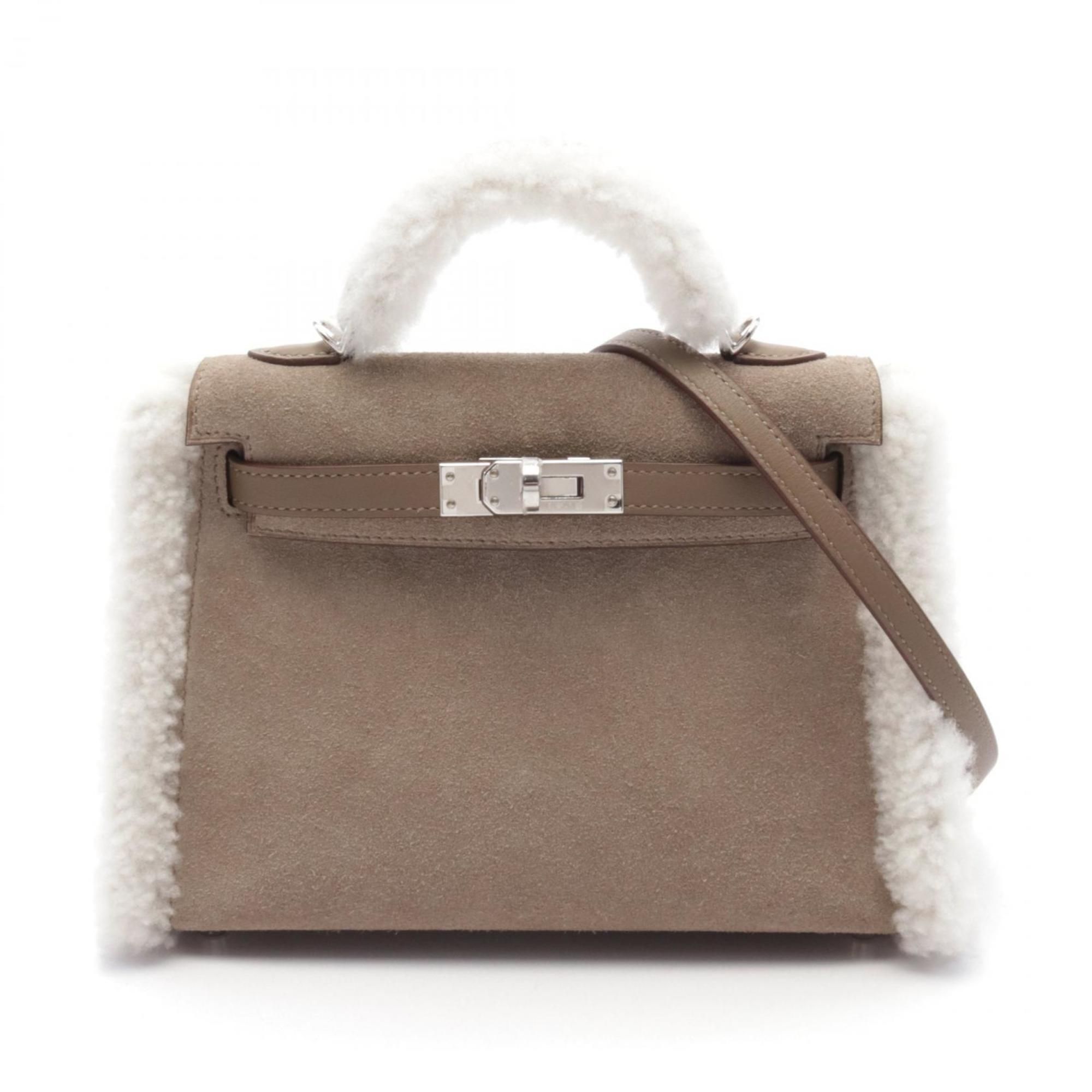 Hermes Kelly 2 Teddy Etoupe Handbag Bag Mouton Women's Brown White
