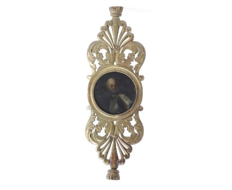 A GEORGE III GILTWOOD APPLIQUELATE 18TH CENTURYcarved with anthemions, tassels and scrolling foliage around a circular oil on