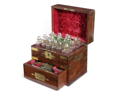 λ λ A VICTORIAN MAHOGANY AND BRASS BOUND CAMPAIGN STYLE APOTHECARY BOXMARKED FOR 'SAVORY & MOORE, CHEMIST TO THE QUEEN, NEW B