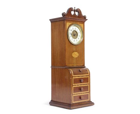 A MAHOGANY AND INLAID 'LONGCASE CLOCK' TABLE TIMEPIECEIN SHERATON REVIVAL STYLE, EARLY 20TH CENTURYthe brass eight day moveme