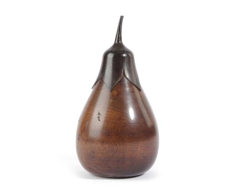 A TREEN FRUITWOOD TEA CADDY IN THE FORM OF AN AUBERGINE20TH CENTURYwith carved decoration, a screw-off calyx and stalk to the
