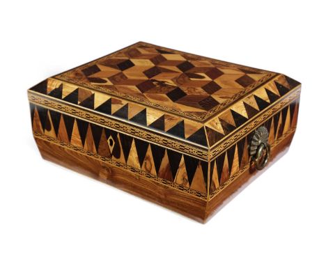 λA REGENCY TUNBRIDGE WARE AND ROSEWOOD SEWING BOXEARLY 19TH CENTURYof sarcophagus form, the cover with parquetry cube work de