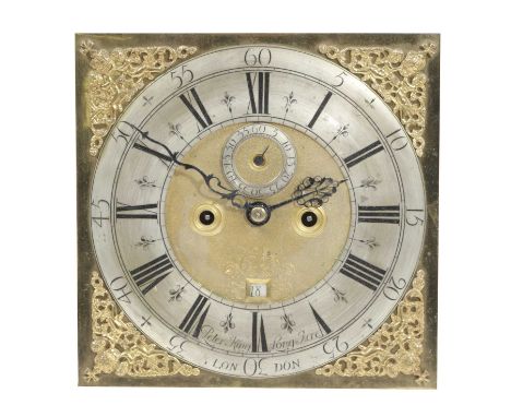 A BRASS LONGCASE CLOCK MOVEMENT LATE 18TH / EARLY 19TH CENTURYthe brass eight day movement striking on a bell, with a silvere