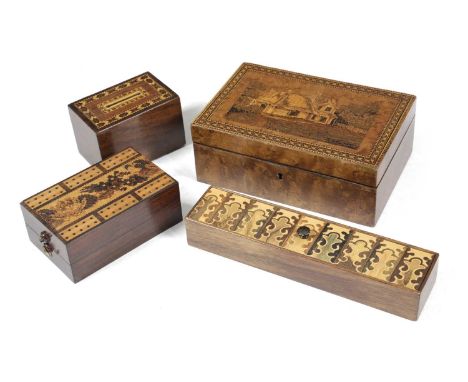 λ A TUNBRIDGE WARE AND CHALYBEATE SPRING STAINED BIRD'S EYE MAPLE BOXthe cover with a mosaic view of Glena Cottage, Killarney