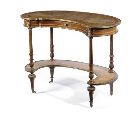 A VICTORIAN WALNUT AND MARQUETRY KIDNEY SHAPE WRITING TABLEIN MANNER OF HOLLAND & SONS, C.1880with ormolu mounts, the top ins
