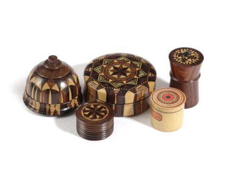 A SET OF SIX TUNBRIDGE WARE WHITEWOOD STACKING BOXES AND COVERSof graduated cylindrical form, the covers with painted concent