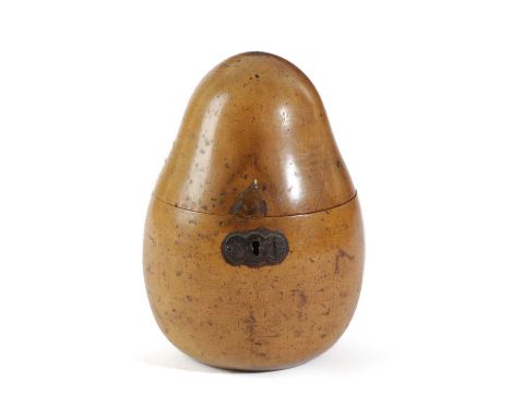 A TREEN FRUITWOOD TEA CADDY IN THE FORM OF A PEAREARLY 19TH CENTURYwith a shaped oval escutcheon, the hinged lid revealing an