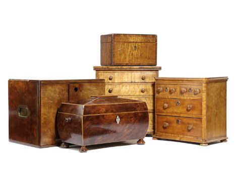 A VICTORIAN BIRD'S EYE MAPLE MINIATURE CHESTC.1860of four graduated long drawers with turned handles, a Victorian walnut tabl