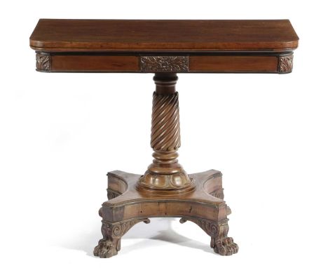 A GEORGE IV MAHOGANY CARD TABLEPOSSIBLY SCOTTISH, C.1825-30with ebonised edging, the swivel fold-over top revealing a baize l