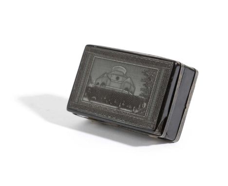 A FRENCH PRESSED HORN MUSICAL BOXLATE 19TH CENTURYthe cover with a view titled 'JARDIN DU ROI MENAGERIE', inside bands of eng