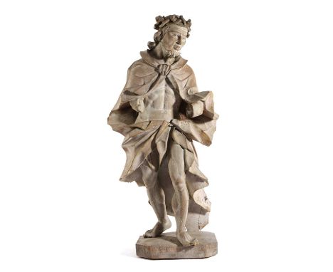 AN ITALIAN LIMED PAINTED AND GILT FIGURE OF CHRIST18TH CENTURYstanding wearing a cloak and crown of thorns89cm high