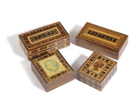 λ FOUR TUNBRIDGE WARE STAMP BOXESincluding one with a mosaic panel inscribed 'STAMPS' and another inscribed 'POSTAGE', togeth