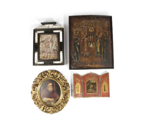 A RUSSIAN ICONegg tempera on panel, depicting four saints around an angel, with remains of silvering, together with a portrai