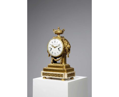 A FRENCH WHITE MARBLE AND ORMOLU MANTEL CLOCKBY CHARLES BERTRAND, PARIS, LATE 18TH CENTURYthe brass eight day movement inscri