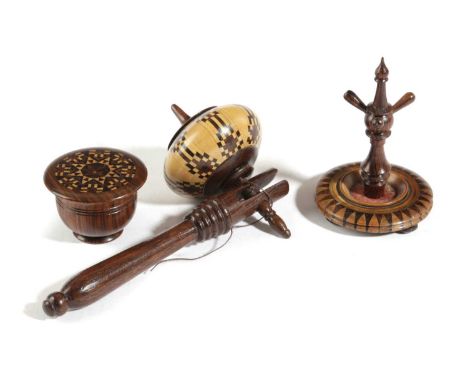λ A TUNBRIDGE WARE SPINNING TOP AND ROSEWOOD HANDLEwith geometric banded decoration, together with a rosewood rouge pot and c