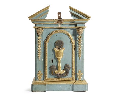 AN ITALIAN PAINTED AND GILTWOOD TABERNACLEPOSSIBLY TUSCAN, 18TH CENTURYof architectural form, the arched door with a chalice 