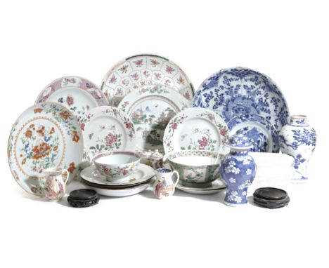 A COLLECTION OF CHINESE EXPORT PORCELAIN19TH CENTURYincluding: famille rose chargers, plates, a teapot, sparrowbeak jugs and 