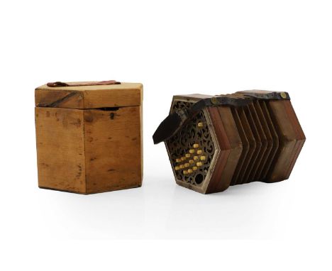 A 32 key hexagonal mahogany leather and chrome concertina,  late 19th century, numbered 106108 on paper label to the inside, 