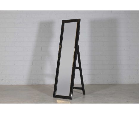 A black lacquer cheval mirror, of recent manufacture, the rectangular mirror supported on an easel frame,15cm wide40cm high