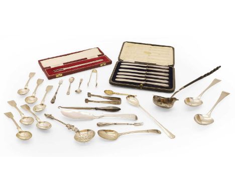 A collection of silver flatware, to include a set of six Victorian teaspoons, London 1871, a pair of George III serving spoon