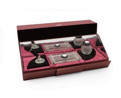 A Mont Blanc Limited Edition 4810 and Creation Lalique desk set, comprising a pen stand, rocker blotter and an inkwell, each 