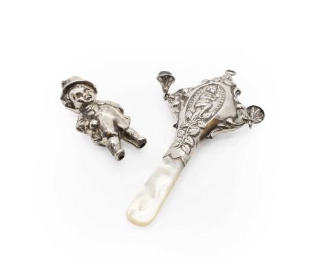 Two silver baby rattles, comprising a mother of pearl handled example, Glasgow 1929, depicting Jack and the Beanstalk, 10cm h