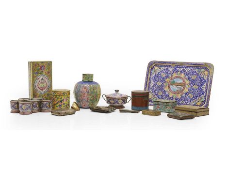 An Indian painted tea set on a tray, 20th century, with six sleeve cups, a lidded bowl, and a tray, 31.5cm, together with pai