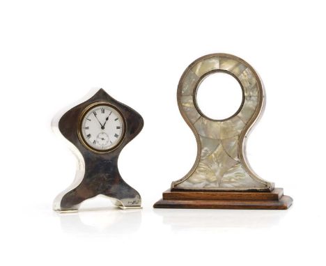 A silver mounted clock,  by James Deakin & Sons, Chester,  11cm high together with a mother of pearl and silver mounted watch