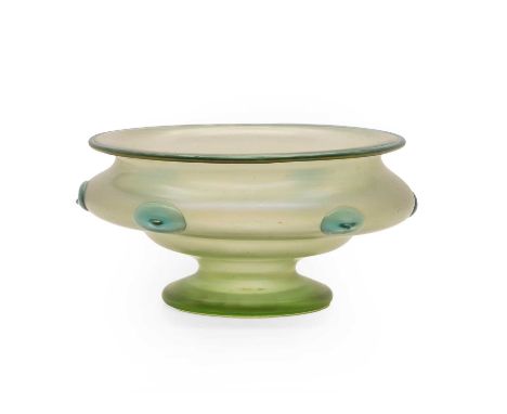 A Loetz 'Orpheus' glass bowl c.1903, of footed form, with applied pale blue prunts to a pale green, the whole with an iridesc