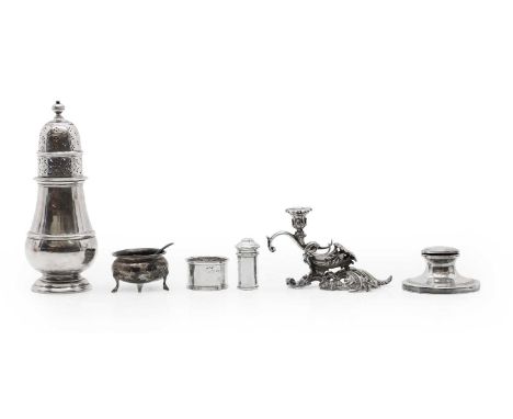 A collection of silver items comprising a sifter, Sheffield 1930, 22cm high, a smaller sifter, 5cm high, a salt and spoon rai