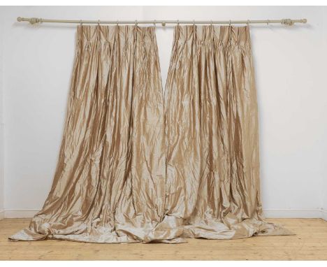 Four pairs of oyster-coloured silk curtains, of recent manufacture, lined and interlined, of two sizes,three pairs, top 115cm