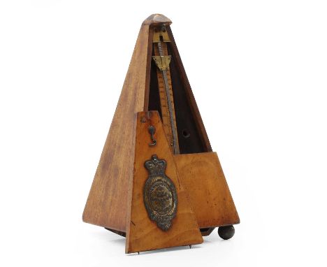 A mahogany metronome, by Metronome Maelzel, London, of pyramidal form, with an embossed label, with an inlaid register, 23.5c