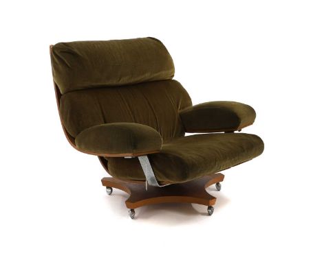 A G Plan teak 'Housemaster' armchair c.1970, the slatted frame supporting green velour upholstery,88cm wide97cm deep85cm high