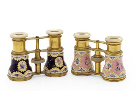 Two pairs of opera glasses, 20th century, each with either a Royal blue or pink enamelled and jewelled barrels, with mother o