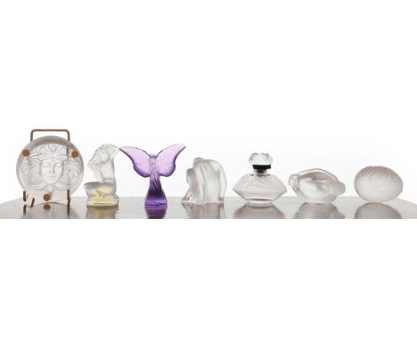 A group of seven Lalique glass items modern, comprising: three figures, largest 8.5cm wide together with an amethyst butterfl