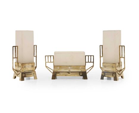 A set of three silver plated Secessionist vases, each with silver plated casket and twin handles, with frosted glass linersta