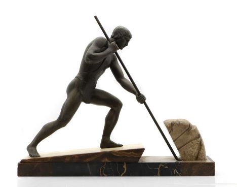 An Art Deco spelter figure modelled as a man moving a boulder, raised on a marble plinth,53cm wide43cm highCondition ReportTh