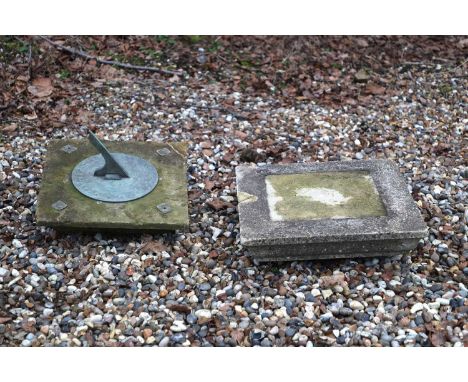 A limestone sundial, 42 x 42cm wide16cm highalong with a reconstituted stone pedestal,32 x 32cm wide34cm high (2)Condition Re