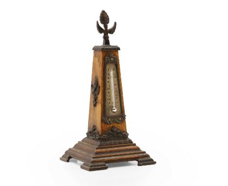 A French mounted oak desk thermometer, c.1900, with an engraved register, 22.5cm highCondition ReportFinial bent. Tarnishing 