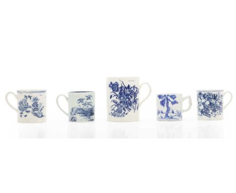 A group of blue and white porcelain coffee cans, 18th century, including a Worcester mug, c.1765, in 'The Fence' pattern, pri