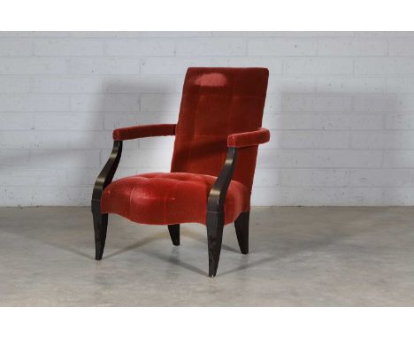 A bergère-style armchair, of recent manufacture, the back, arms and button-back seat upholstered in burgundy red velvet, supp