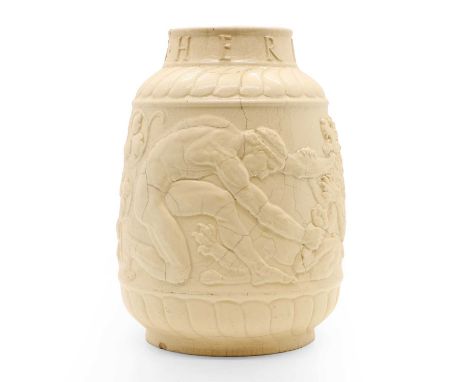 A Pilkington's Royal Lancastrian relief moulded 'Hercules' vase,  designed by Richard Joyce and Gordon Forsyth, dated 1908, t