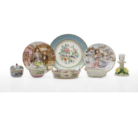 A collection of porcelain items, 20th century, to include a pierced Dresden pot and cover, with moulded floral decoration, he