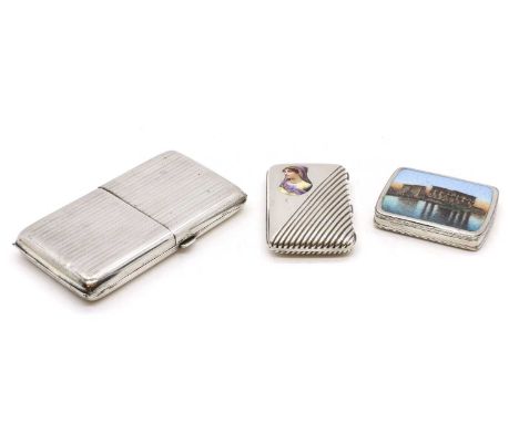 A group of three silver cigarette cases, comprising;a large example,Birmingham 1911, with engine-turned decoration, and a twi