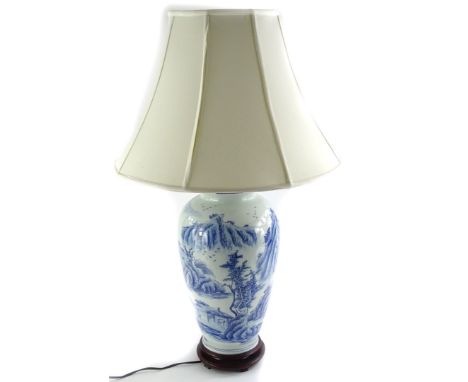 A modern Chinese blue and white glazed decorated table lamp, with shade 75cm high.