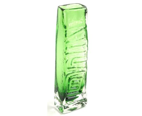 A Whitefriars totem pole green glass vase, designed by Geoffrey Baxter, pattern number 9671, 26.5cm high.