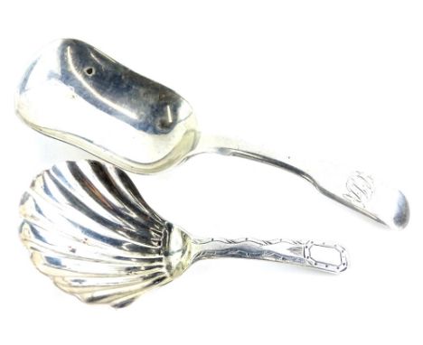 A Victorian silver fiddle patter caddy spoon, London 1850, and another earlier example, marks indistinct, ¾oz overall.