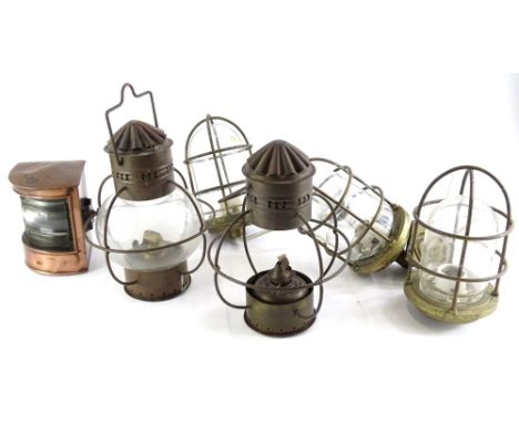 A collection of ships brass and glass light fittings, (2, 1 with wall bracket), two lanterns (1 lacking glass) and a small co
